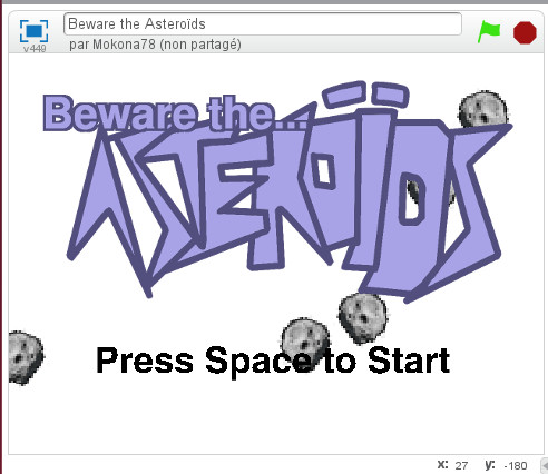 Jeu Beware the Asteroids en Scratch, page de titre